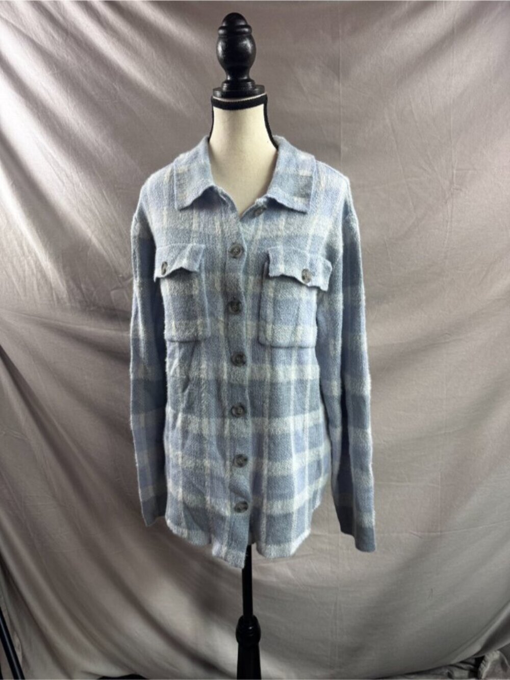 William Rast Light Blue & White Plaid Textured Button-Front Sweater L - Picture 5 of 6